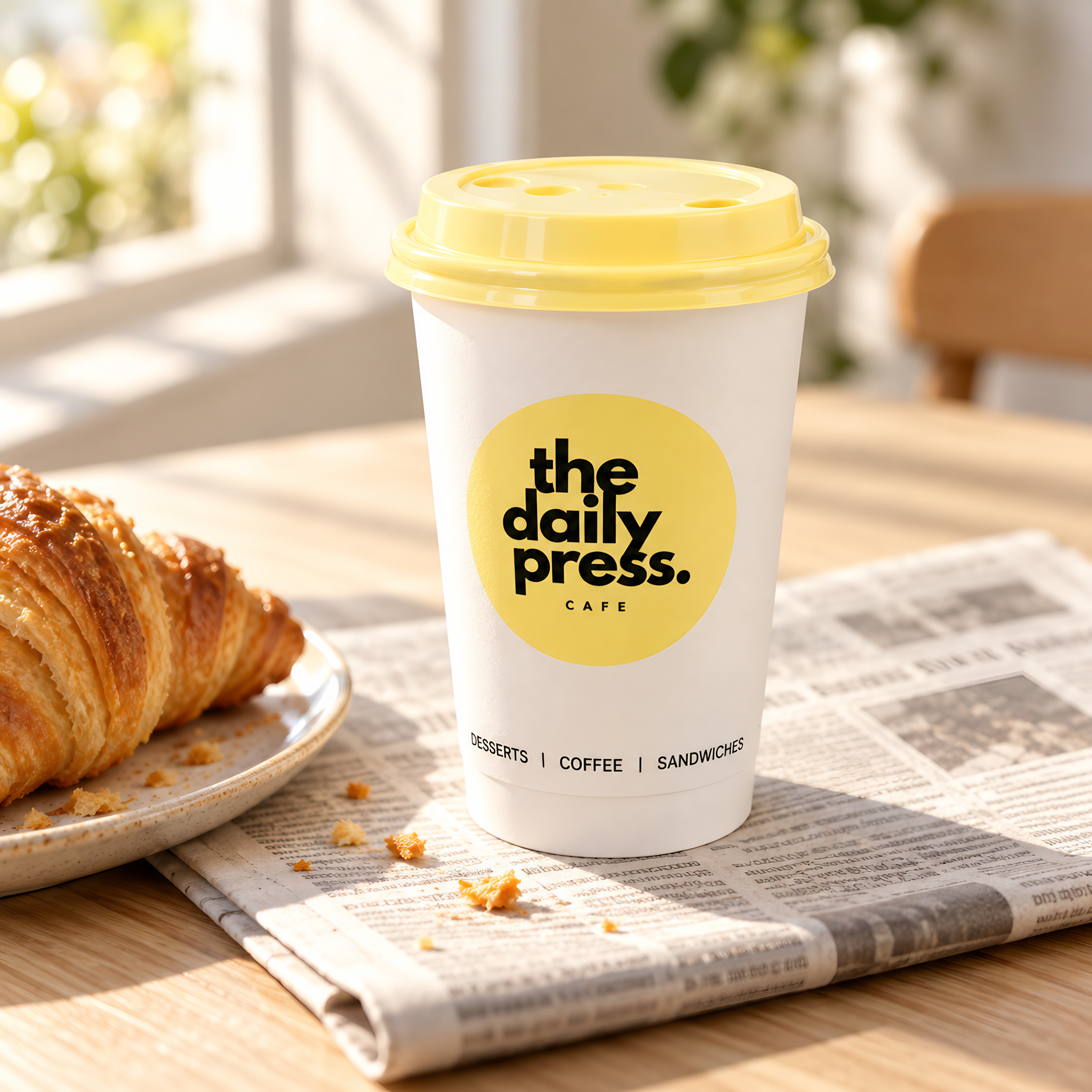 Daily press hot cup standing on a folded newspaper beside a croissant in morning window light