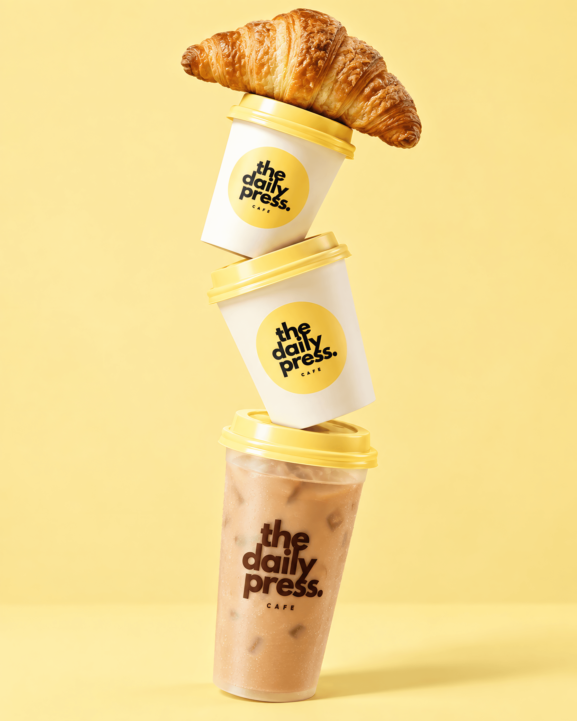 Two daily press hot cups and an iced latte cup balanced in a tilted tower with a croissant on top, butter backdrop