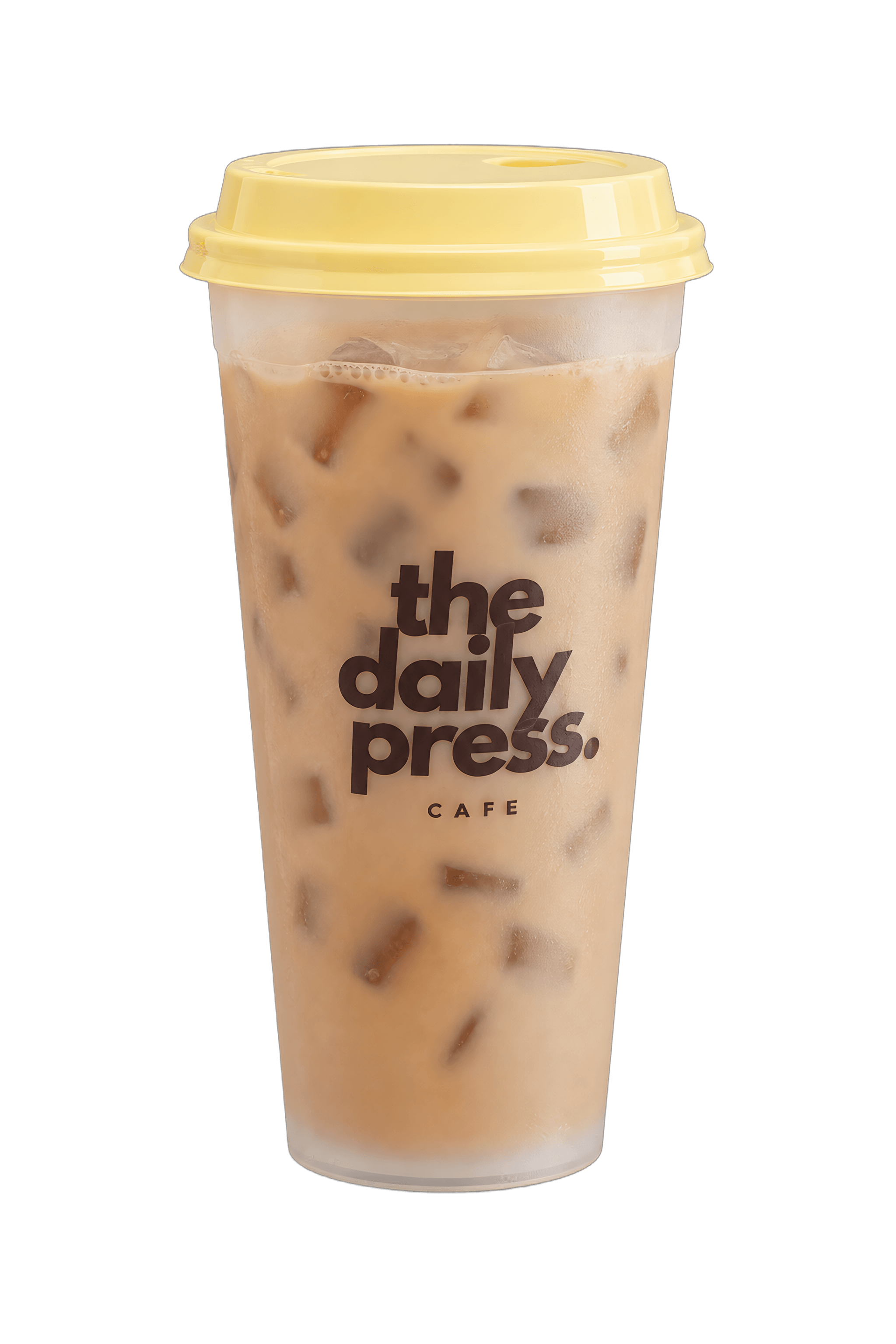 A frosted the daily press. iced latte cup with a butter-yellow lid